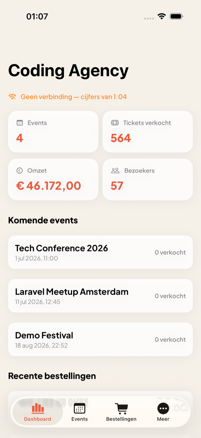 Dashboard met een offline-banner dat de laatst geladen cijfers toont met een tijdstempel.