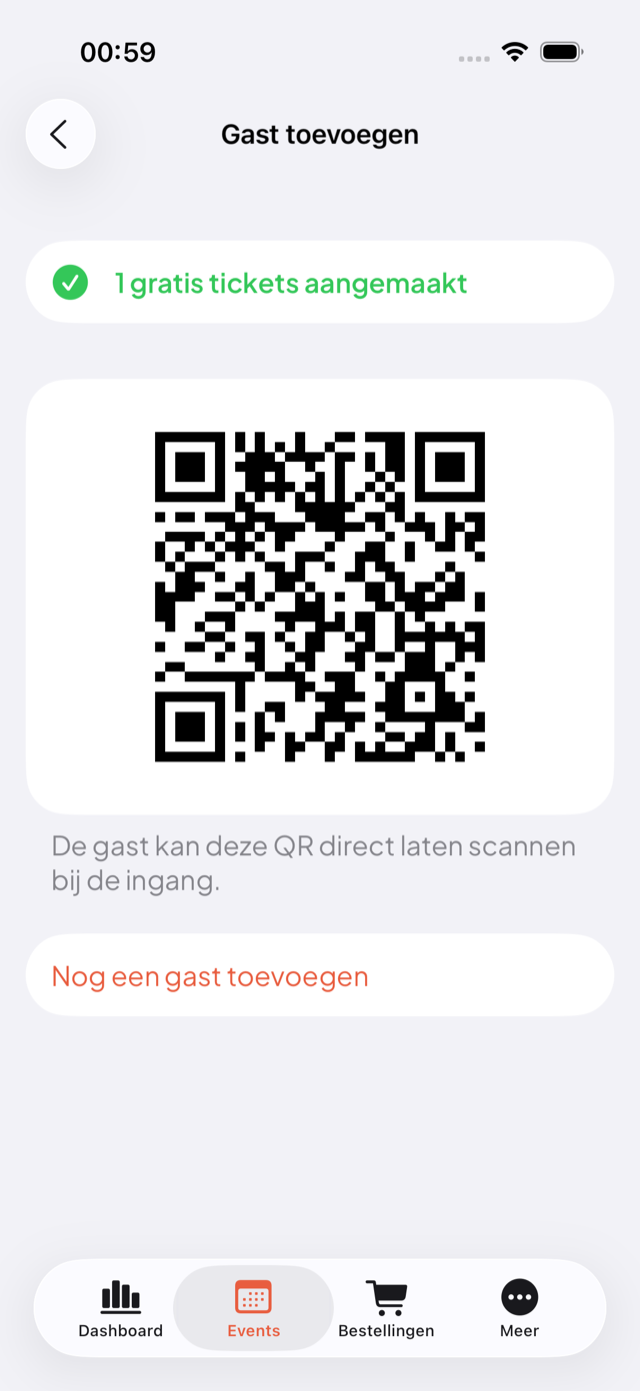Een gratis gastticket met de QR-code direct op het scherm, zonder betaalstap.