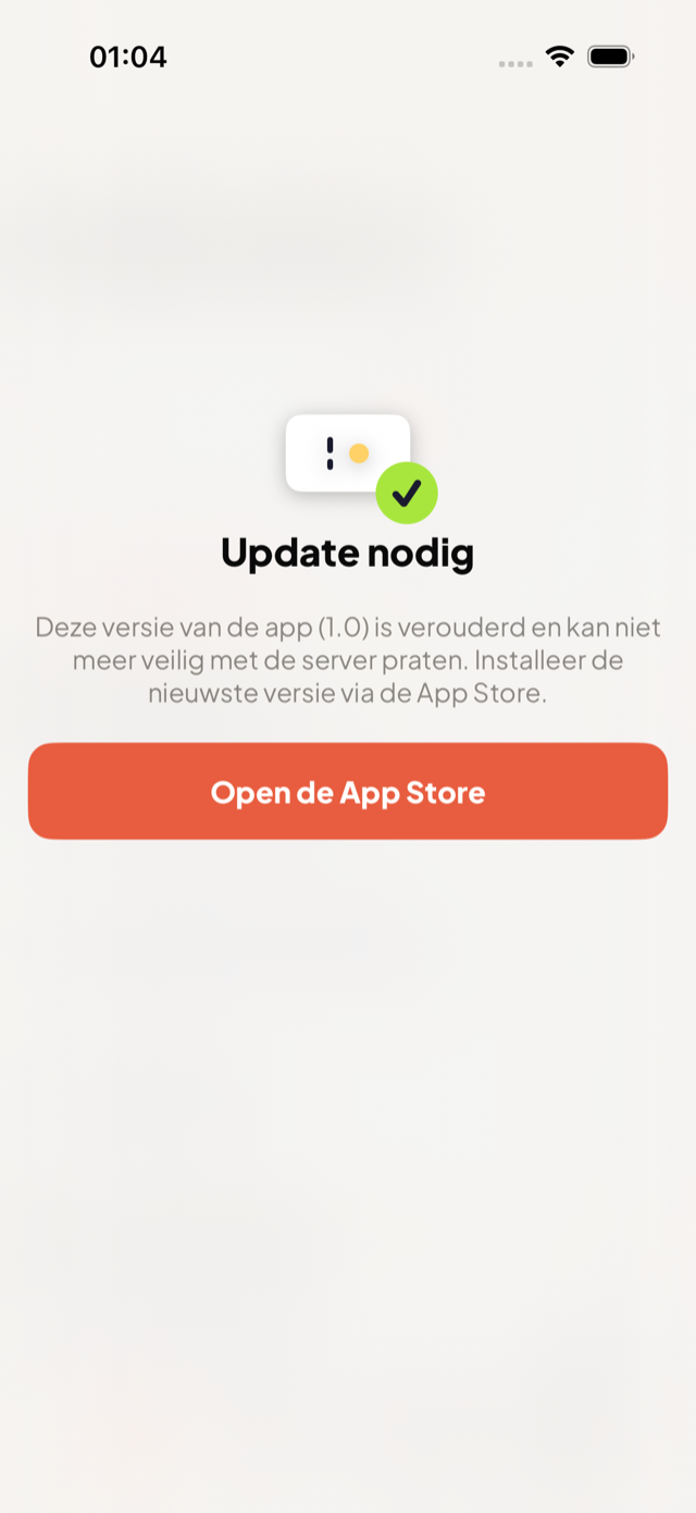 Blokkerend updatescherm met een directe link naar de app store.