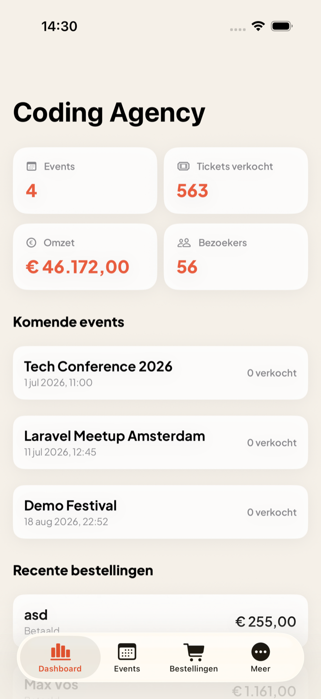 Organisator-dashboard met events, verkochte tickets, omzet en bezoekers.