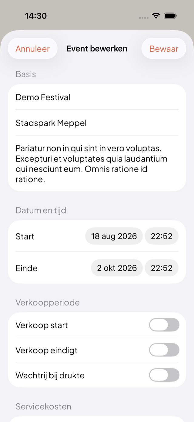 Eventformulier met alle velden en validatie per veld.