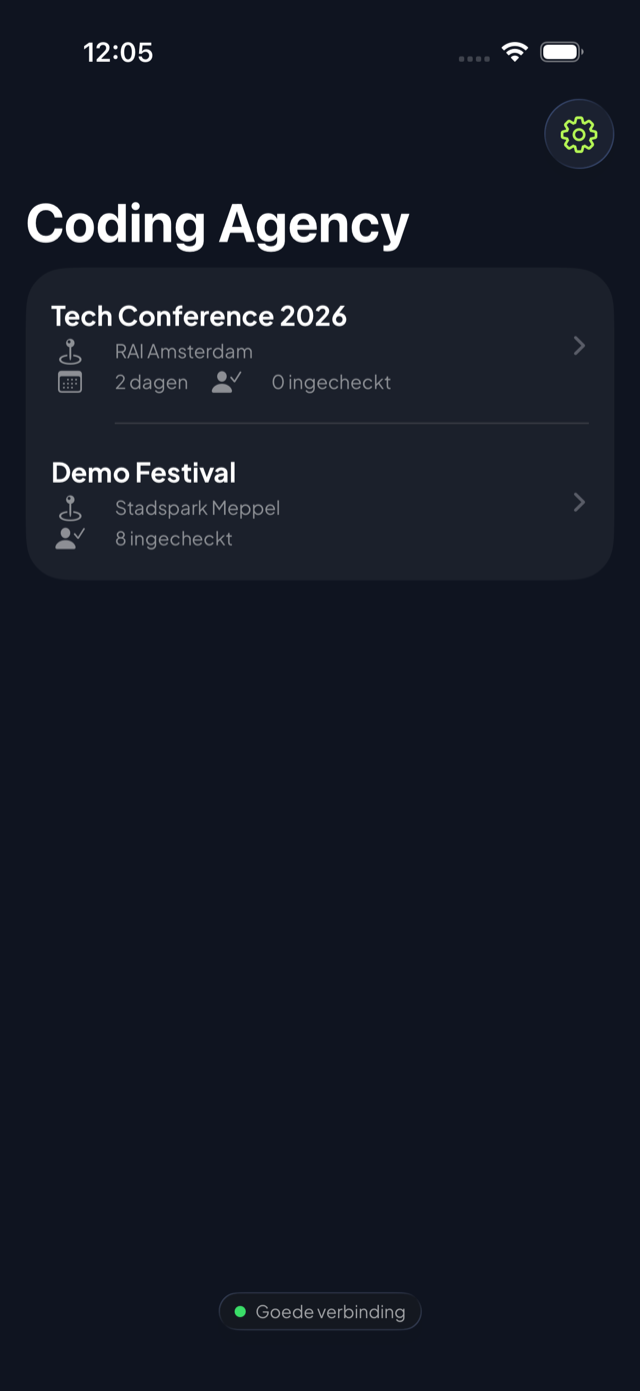 Eventlijst met onderin een subtiele verbindingsindicator.
