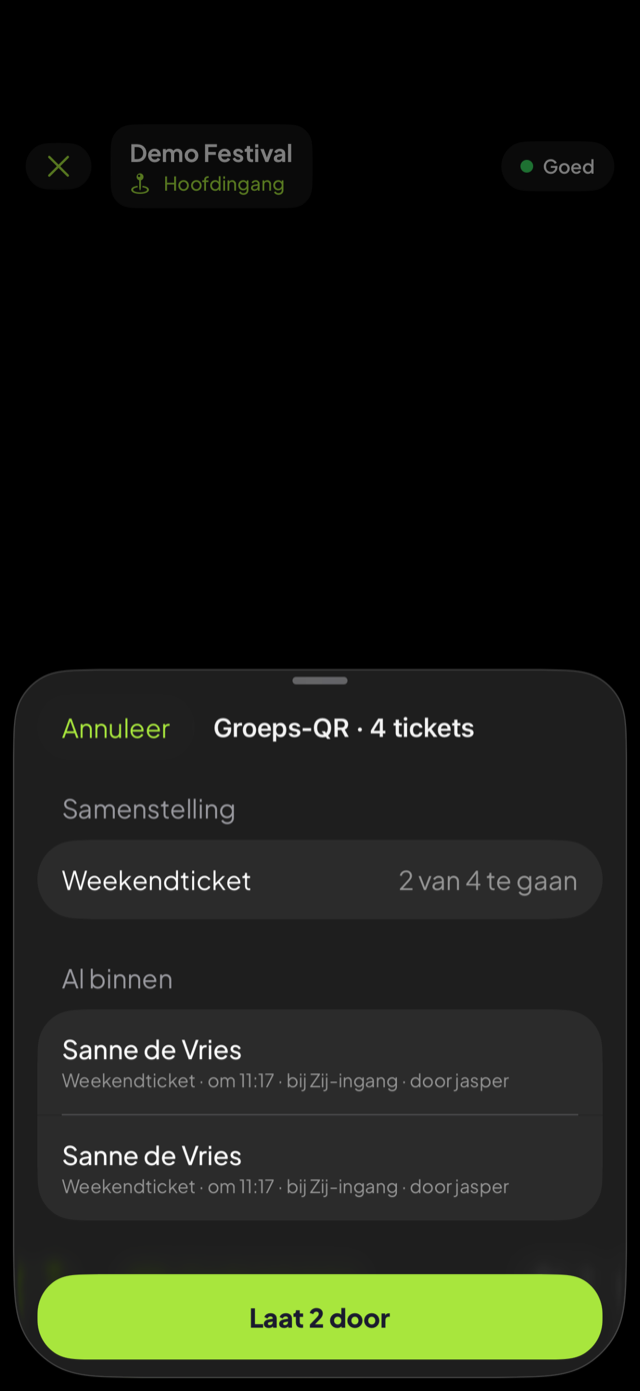 Verzamel-QR met samenvatting per tickettype en knop Laat 3 door.