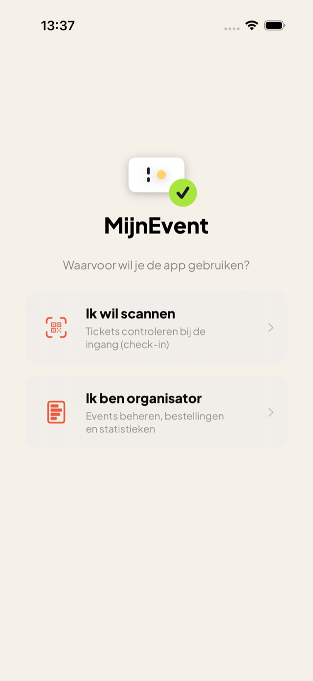 Keuzescherm met de drie ingangen: scannen, organisator en registreren.