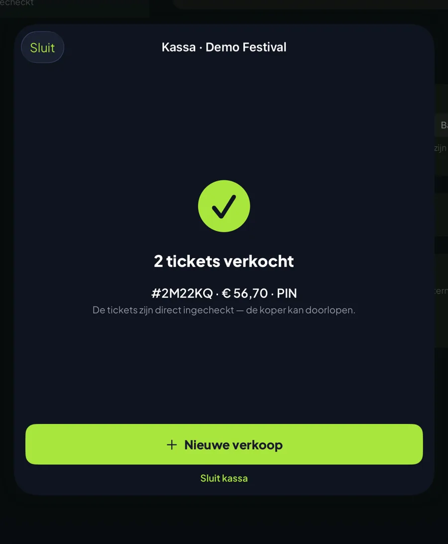 De bon: ordernummer, bedrag, betaalmethode en check-in-status